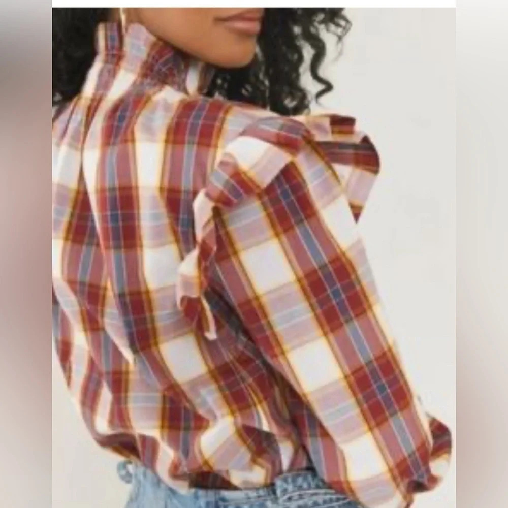Revolve Something Navy Jamie Womens Top Ruffle Sleeve Plaid Button Up XS M0341